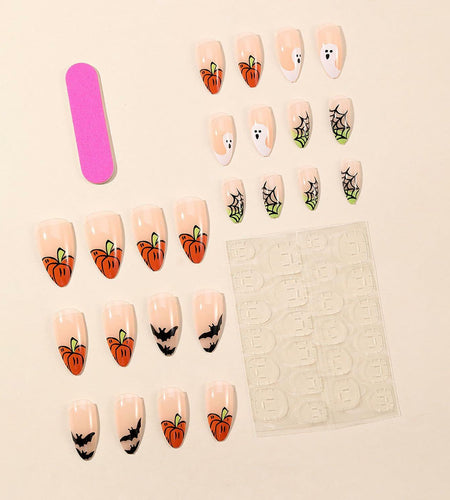 24 Pcs Halloween Acrylic Press On Nails Medium Almond Ghost Pumpkin Bat Design