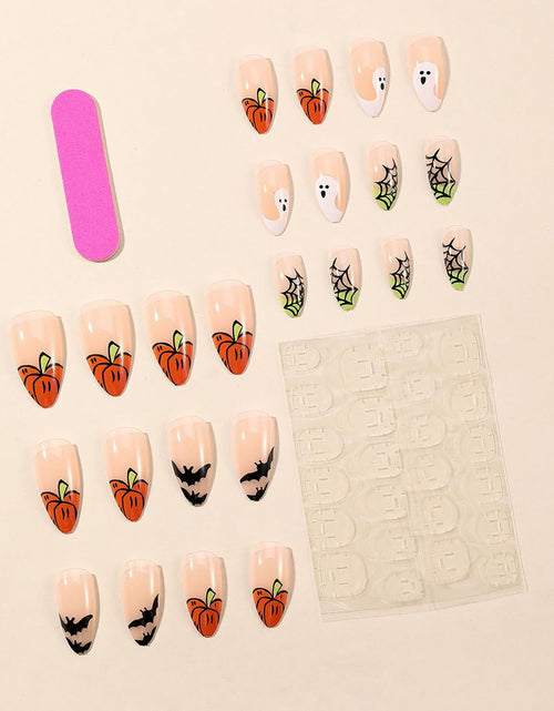 Load image into Gallery viewer, 24 Pcs Halloween Acrylic Press On Nails Medium Almond Ghost Pumpkin Bat Design
