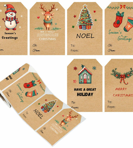 Christmas Gift Tags Stickers 2x3in Kraft Color 6 Designs Self Adhesive