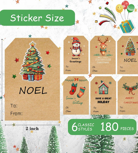 Christmas Gift Tags Stickers 2x3in Kraft Color 6 Designs Self Adhesive