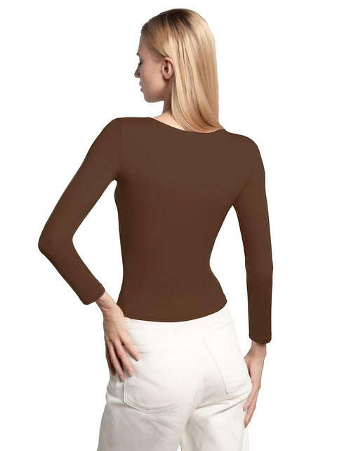 Load image into Gallery viewer, BRISIRA Women's Brown Long Sleeve Crop Top Slim Fit Scoop Neck Tee - Size M
