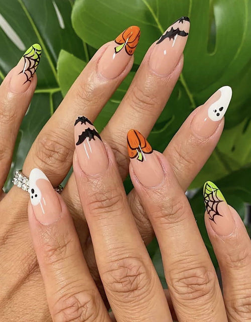 Load image into Gallery viewer, 24 Pcs Halloween Acrylic Press On Nails Medium Almond Ghost Pumpkin Bat Design
