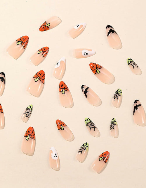 Load image into Gallery viewer, 24 Pcs Halloween Acrylic Press On Nails Medium Almond Ghost Pumpkin Bat Design
