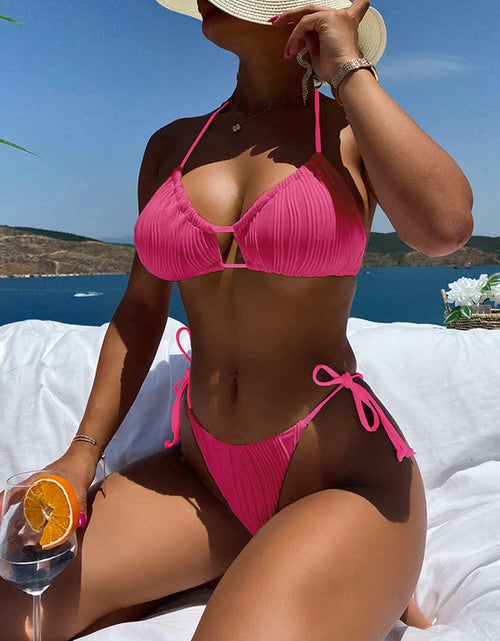 Load image into Gallery viewer, Zonsaoja Women's 2-Piece Ribbed Bikini Set Rose Cheeky Halter Top Size L
