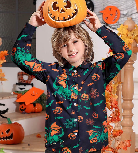 Boys Halloween Dinosaur Shirt Size 10 Long Sleeve Pumpkin Button Up