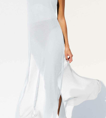 BWQ Women Bikini Coverup White Sheer Spaghetti Straps XXL Beach Dress