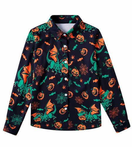 Boys Halloween Dinosaur Shirt Size 10 Long Sleeve Pumpkin Button Up