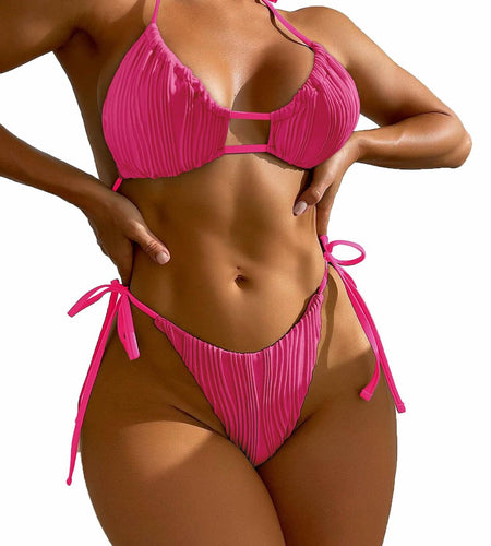 Zonsaoja Women's 2-Piece Ribbed Bikini Set Rose Cheeky Halter Top Size L