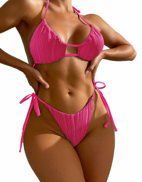 Load image into Gallery viewer, Zonsaoja Women's 2-Piece Ribbed Bikini Set Rose Cheeky Halter Top Size L
