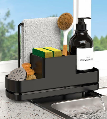 FUNKYLEE Kitchen Sink Sponge Holder Caddy with Brush Holder & Soap Dispenser