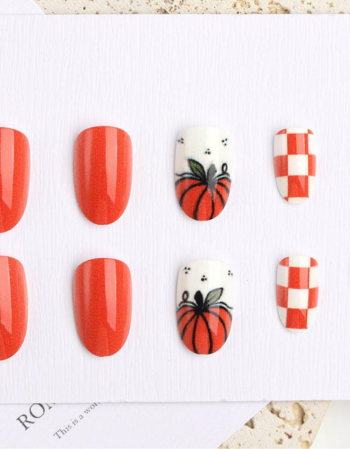 Load image into Gallery viewer, Fall Press On Nails 24Pc Short Square Pumpkin Plaid Design Stick Glue
