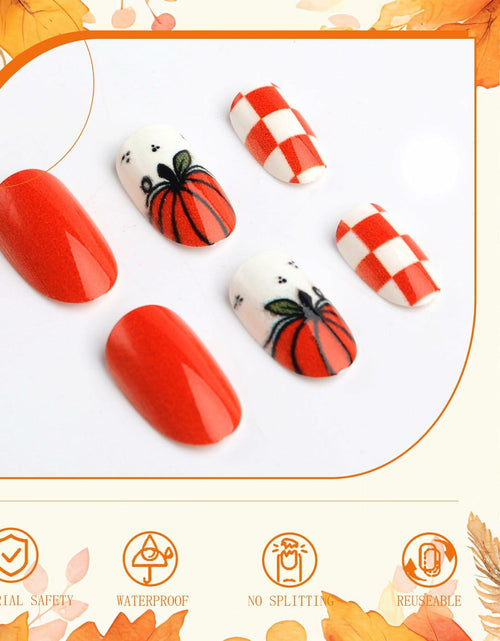 Load image into Gallery viewer, Fall Press On Nails 24Pc Short Square Pumpkin Plaid Design Stick Glue
