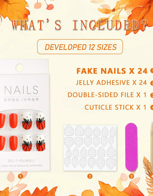 Load image into Gallery viewer, Fall Press On Nails 24Pc Short Square Pumpkin Plaid Design Stick Glue
