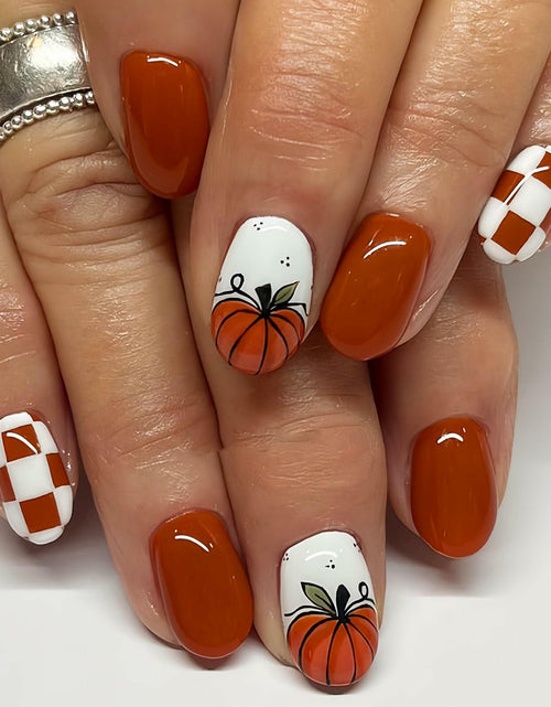 Load image into Gallery viewer, Fall Press On Nails 24Pc Short Square Pumpkin Plaid Design Stick Glue
