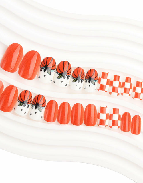 Load image into Gallery viewer, Fall Press On Nails 24Pc Short Square Pumpkin Plaid Design Stick Glue

