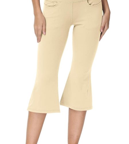 Cakulo Womens Capri Yoga Flare Pants Beige M Athletic Workout Pockets
