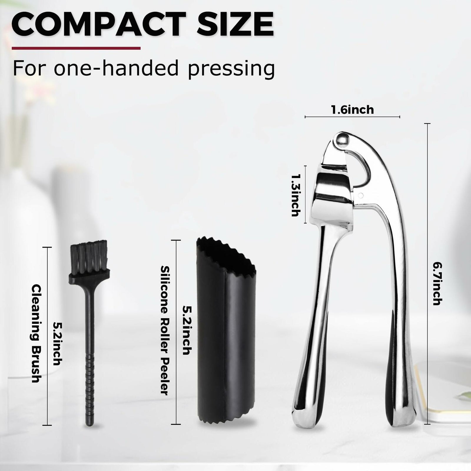 Kitessensu Garlic Press Set with Silicone Peeler & Brush, Gloss Silver