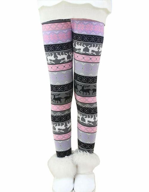 Load image into Gallery viewer, Rysly Girls Winter Thick Warm Fleece Lined Leggings Purple Elk Size 120
