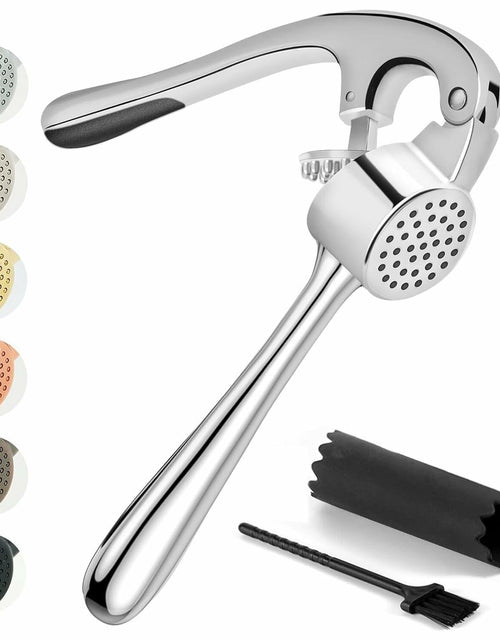 Load image into Gallery viewer, Kitessensu Garlic Press Set with Silicone Peeler &amp; Brush, Gloss Silver
