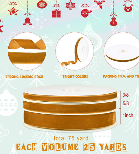 Yilloog 3 Rolls Christmas Velvet Ribbon 75 Yards 3/8 5/8 1 Inch Khaki Satin