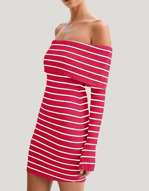 Load image into Gallery viewer, Wenrine Womens Off Shoulder Striped Knit Mini Dress Red Long Sleeve Size M
