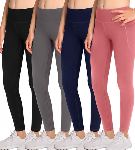 BHRIWRPY 4-Pack Girls Yoga Leggings with 2 Pockets Kids Active Workout Pants