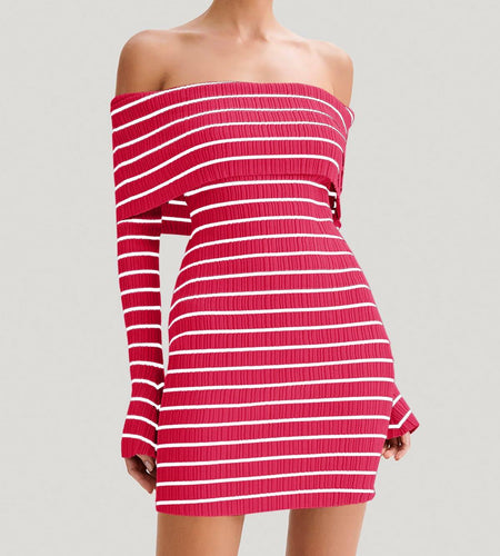 Wenrine Womens Off Shoulder Striped Knit Mini Dress Red Long Sleeve Size M