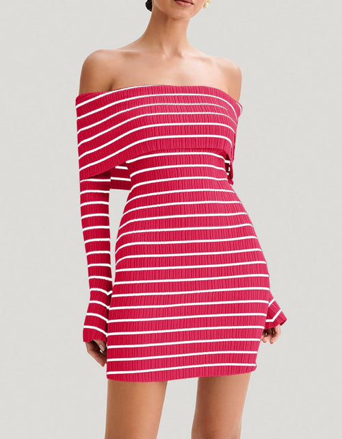 Load image into Gallery viewer, Wenrine Womens Off Shoulder Striped Knit Mini Dress Red Long Sleeve Size M
