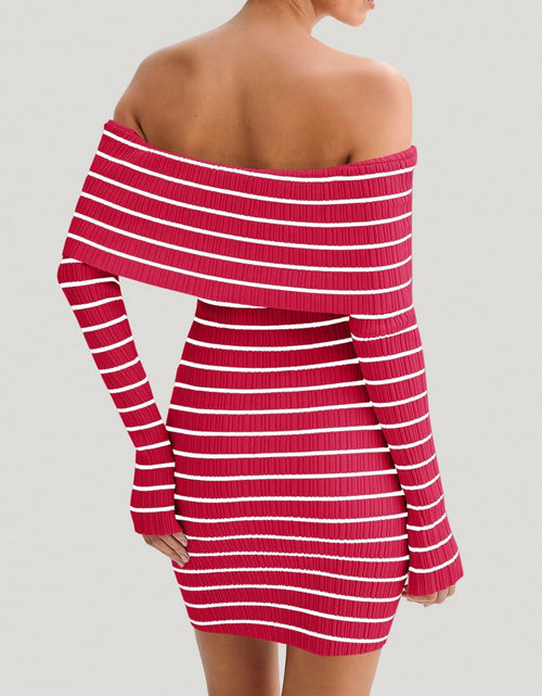 Load image into Gallery viewer, Wenrine Womens Off Shoulder Striped Knit Mini Dress Red Long Sleeve Size M
