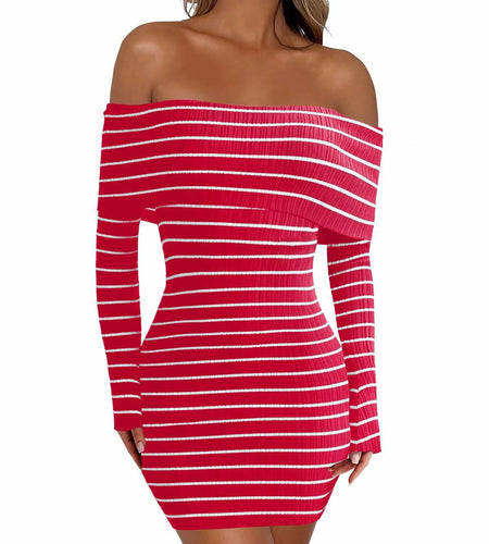 Wenrine Womens Off Shoulder Striped Knit Mini Dress Red Long Sleeve Size M