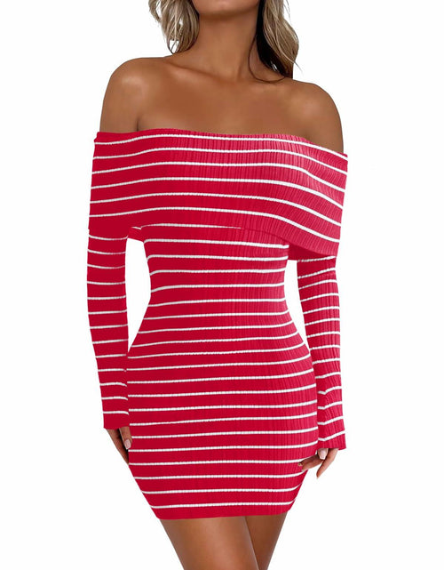 Load image into Gallery viewer, Wenrine Womens Off Shoulder Striped Knit Mini Dress Red Long Sleeve Size M
