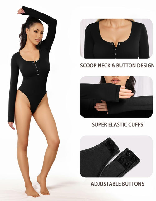 Load image into Gallery viewer, MANGOPOP Ribbed Long Sleeve Bodysuit Thong Seamless Tummy Control Black Size M
