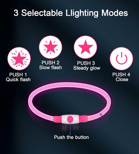 Flycoco LED Rechargeable Dog Collar Light Pink USB Adjustable Safety