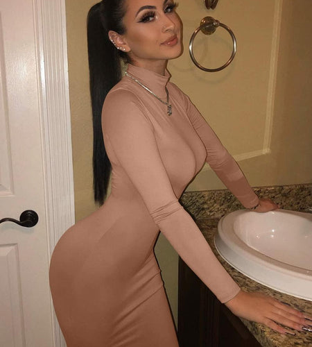 GOBLES Women's Sexy Turtleneck Long Sleeve Elegant Bodycon Dress Camel Size 2XL