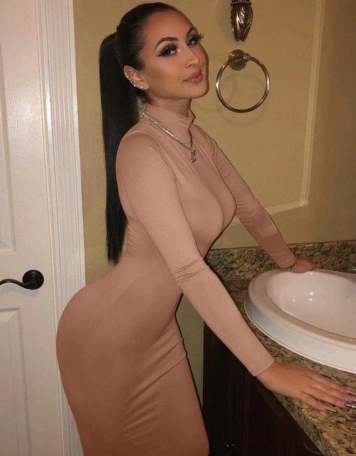 Load image into Gallery viewer, GOBLES Women's Sexy Turtleneck Long Sleeve Elegant Bodycon Dress Camel Size 2XL
