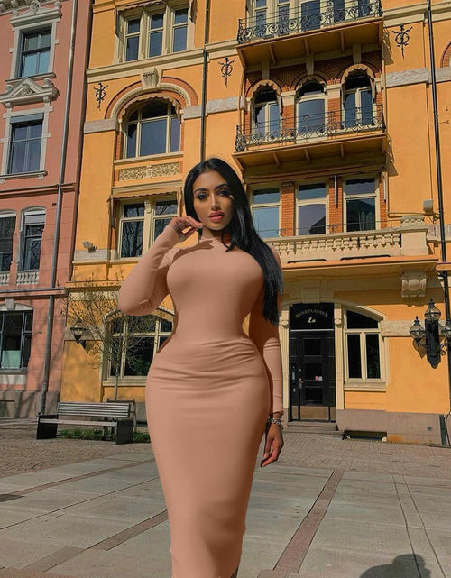 Load image into Gallery viewer, GOBLES Women's Sexy Turtleneck Long Sleeve Elegant Bodycon Dress Camel Size 2XL

