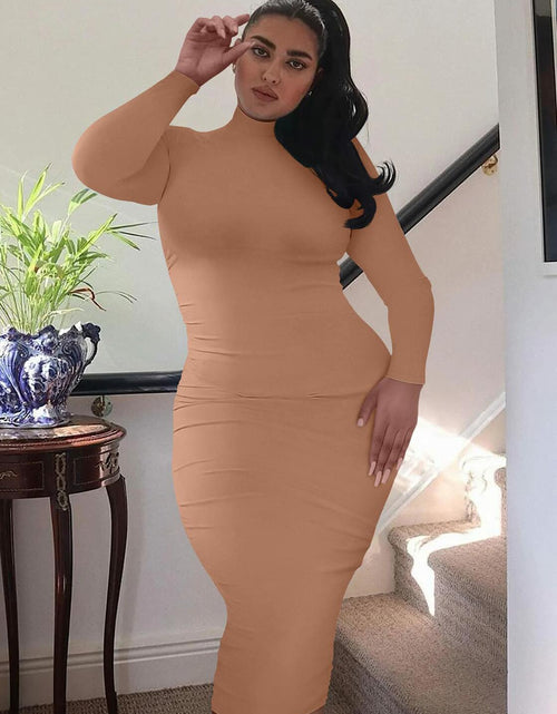 Load image into Gallery viewer, GOBLES Women's Sexy Turtleneck Long Sleeve Elegant Bodycon Dress Camel Size 2XL
