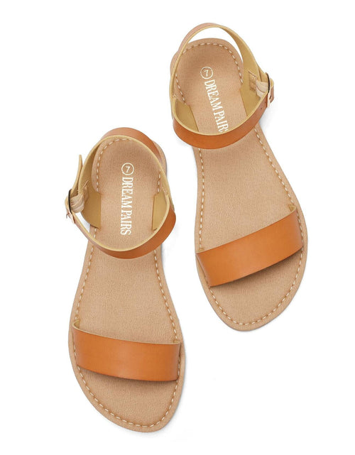 Load image into Gallery viewer, DREAM PAIRS Women's Ankle Strap Flat Sandals Open Toes Size 6.5 Tan HOBOO

