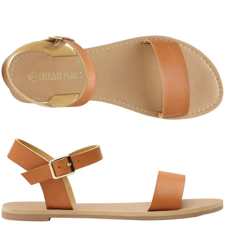 DREAM PAIRS Women's Ankle Strap Flat Sandals Open Toes Size 6.5 Tan HOBOO