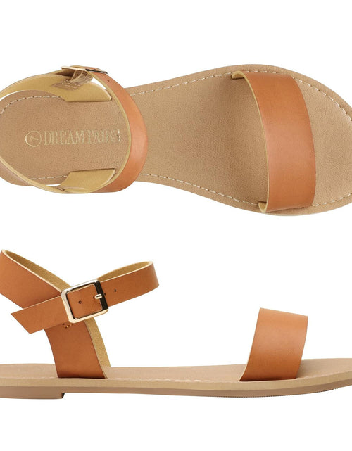 Load image into Gallery viewer, DREAM PAIRS Women's Ankle Strap Flat Sandals Open Toes Size 6.5 Tan HOBOO
