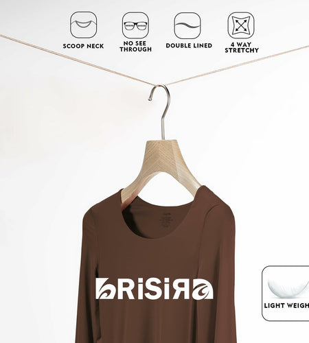 BRISIRA Women's Brown Long Sleeve Scoop Neck Crop Top Slim Fit Size S