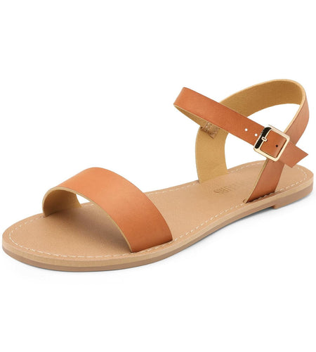 DREAM PAIRS Women's Ankle Strap Flat Sandals Open Toes Size 6.5 Tan HOBOO