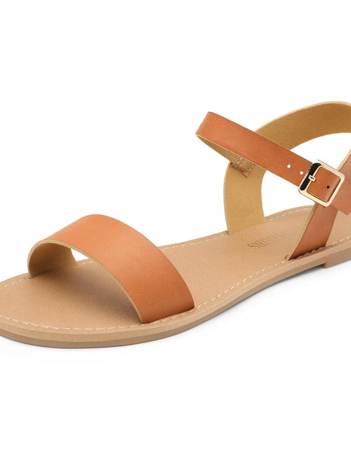Load image into Gallery viewer, DREAM PAIRS Women's Ankle Strap Flat Sandals Open Toes Size 6.5 Tan HOBOO
