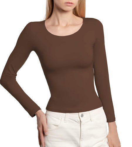 BRISIRA Women's Brown Long Sleeve Scoop Neck Crop Top Slim Fit Size S