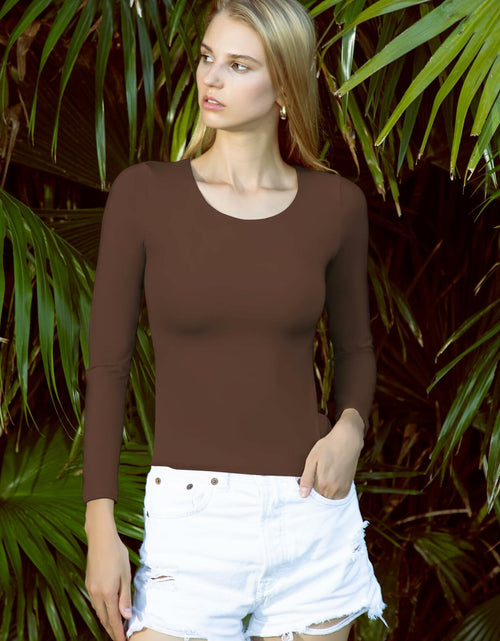 Load image into Gallery viewer, BRISIRA Women's Brown Long Sleeve Scoop Neck Crop Top Slim Fit Size S
