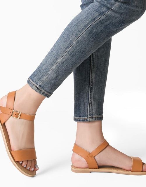 Load image into Gallery viewer, DREAM PAIRS Women's Ankle Strap Flat Sandals Open Toes Size 6.5 Tan HOBOO
