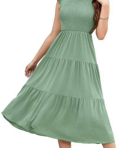 ZOOMOON Women's 2024 Army Green Maxi Dress Smocked Waist Casual Short Sleeve - L