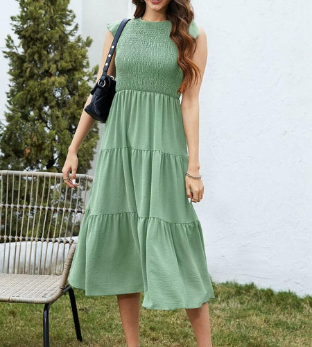 ZOOMOON Women's 2024 Army Green Maxi Dress Smocked Waist Casual Short Sleeve - L