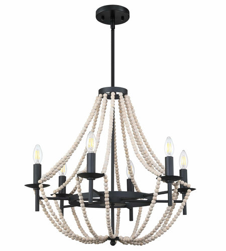 3-Light Pendant Chandelier Nature Wood Beaded Boho Black Semi Flush 12x10.5"