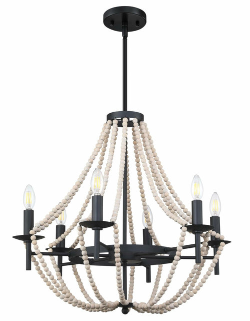 Load image into Gallery viewer, 3-Light Pendant Chandelier Nature Wood Beaded Boho Black Semi Flush 12x10.5"
